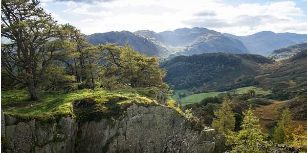 Scenic view over mountains and trees over Lake District