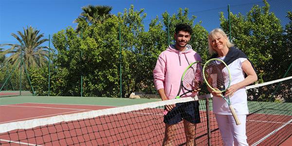 Sue Barker enjoying a post on tennis with tennis coach Juan at Alfaix